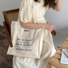 Lettering Print Canvas Tote Bag Blue Lettering - Khaki - One Size