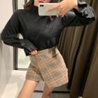 Mock-neck Long-sleeve Knit Top / High Waist Shorts / Plaid Mini Skirt