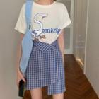 Print Short Sleeve T-shirt / Plaid Skirt