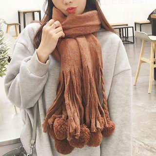 Bobble Trim Fringed Winter Scarf