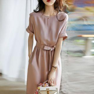 Short-sleeve Sashed Satin Midi Dress