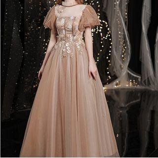 Puff-sleeve Floral Panel A-line Evening Gown
