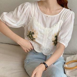 Set : Puff-sleeve Top + Embroidered Camisole Top