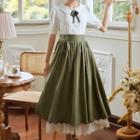 Set: Lace Trim Bow-neck Blouse + Midi A-line Skirt