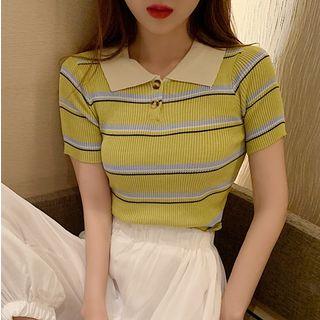 Short-sleeve Striped Knit Polo Shirt Avocado Green - One Size