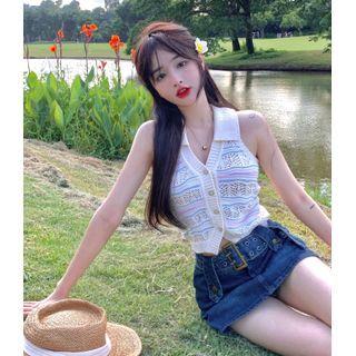 Collared Knit Crop Tank Top Off-white - One Size