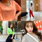 V-neck Neon-color Textured T-shirt