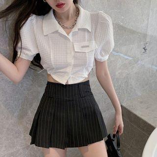 Short-sleeve Crop Shirt / Striped Mini Skirt