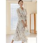 Ruffled Printed Long Chiffon Dress With Belt