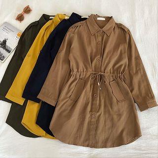 Plain Single-breasted Lace-up Long-sleeve Shirtdress