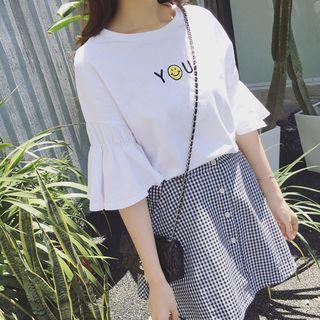 Set: Short-sleeve Smiley Face Embroidered T-shirt + Gingham A-line Skirt