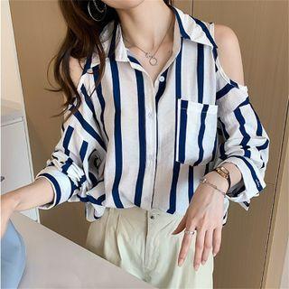 Cold Shoulder Striped Chiffon Shirt