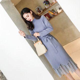 Set: Faux Pearl Long-sleeve Knit Dress + Lace Midi Skirt