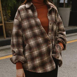 Pocket-front Gingham Long-sleeve Shirt Coffee - One Size