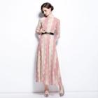 Long-sleeve Two-tone Lace Midi A-line Dress
