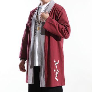 Crane Embroidered Open Front Long Jacket