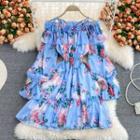 Cold Shoulder Floral Print Tiered Chiffon Dress Blue - One Size
