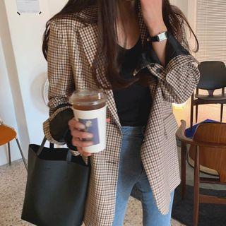 Single-breasted Plaid Longline Blazer Pink - One Size