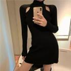 Plain Turtle-neck Slim-fit Long-sleeve Knit Dress Black - One Size