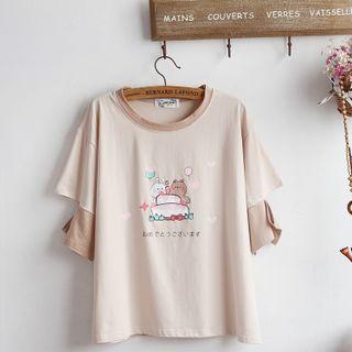 Short-sleeve Print T-shirt Khaki - One Size