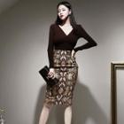 Set: Long-sleeve V-neck T-shirt + Snake Print Pencil Skirt