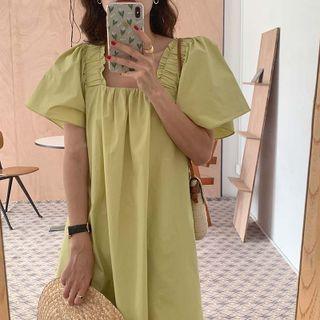 Bell-sleeve Square Neck Ruffle Trim Dress