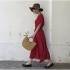 Elastic-waist Fray Short-sleeve Midi A-line Dress