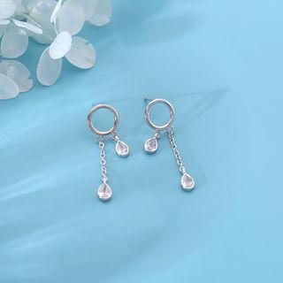 925 Sterling Silver Rhinestone Drop Fringed Earring 1 Pair - Silver - One Size