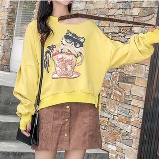 One Shoulder Cat Print Loose Top