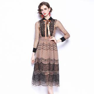 Puff-sleeve Dotted Collared Midi A-line Mesh Dress