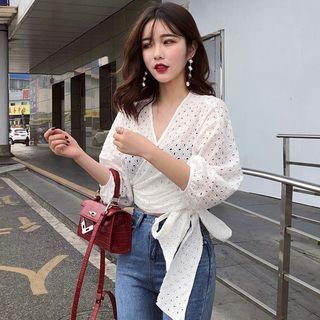 V-neck Lace-up 3/4-sleeve Top White - One Size