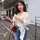V-neck Lace-up 3/4-sleeve Top White - One Size