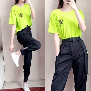 Set: Short-sleeve Cartoon Print T-shirt + Sweatpants