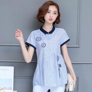 Embroidered Contrast Trim Short Sleeve Shirt
