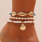 Set Of 3: Shell + Faux Pearl Anklet Af152 - Set Of 3 - Gold & White - One Size
