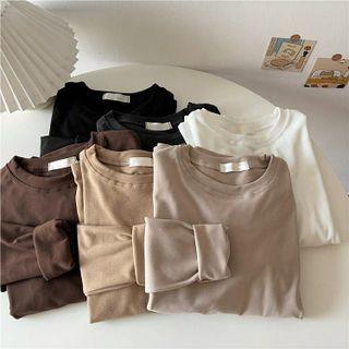Long-sleeve Round Neck Plain Fleece-lined Top