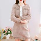 Set: Long-sleeve Color Trim Tweed Cardigan + High-waist Tweed Mini Skirt