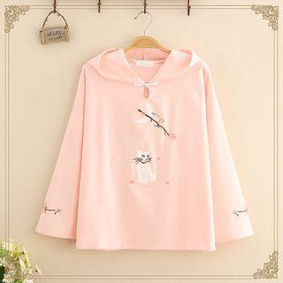 Cat Embroidered Frog Button Hoodie