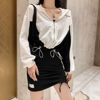 Two-tone Zip Jacket / Drawstring Mini Skirt