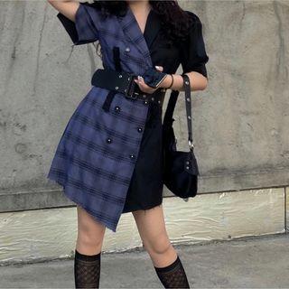 Plaid Panel Short-sleeve Mini A-line Blazer Dress