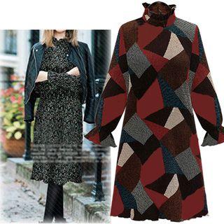 Frilled Neck Patterned Chiffon Dress