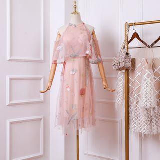 Elbow-sleeve Cold Shoulder Embroidered Mesh Dress
