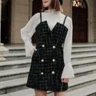 Bell-sleeve Blouse / Mini Tweed Pinafore Dress