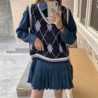 Argyle Knit Vest / Pleated Midi Dress