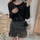 Side-slit Long-sleeve Knit Top / Flower Print Mini Skirt