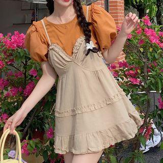 Puff-sleeve Top / Frill Trim Overall Dress / Set