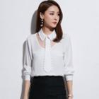 Faux Pearl Mesh Panel Chiffon Shirt