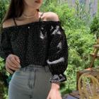 Off-shoulder Ruffle Trim Dotted Cropped Blouse Black - One Size