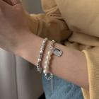 Geometric Sterling Silver Bracelet / Faux Pearl Tag Alloy Bracelet