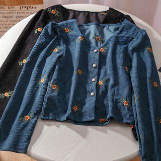 Floral Embroidered Cropped Corduroy Blouse